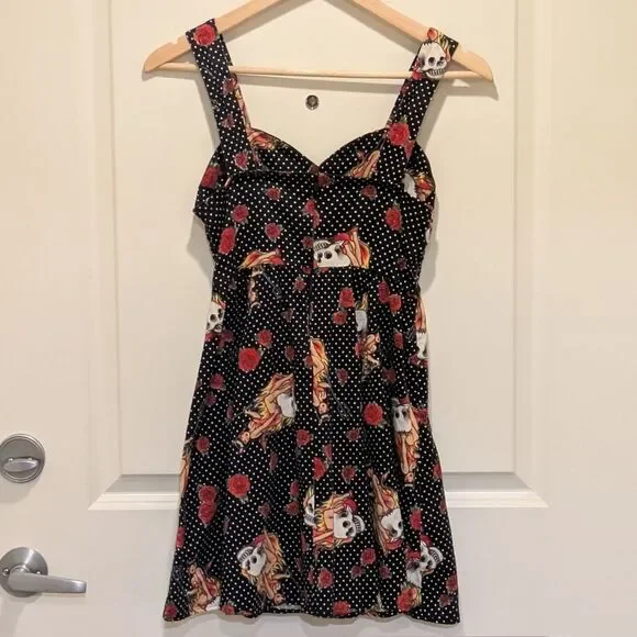 EUC Hot Topic 2013 S Cotton Rose and Flaming Skull Polka Dot Pinup Dress - Picture 4 of 4